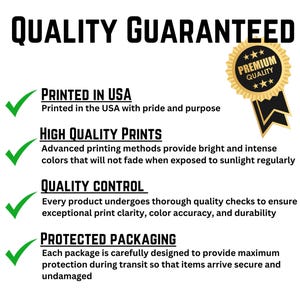 May include: Green tick marks next to four quality guarantees: Printed in the USA, High Quality Prints, Quality Control, and Protected Packaging. A gold star with the text "Premium Quality" is in the top right corner.