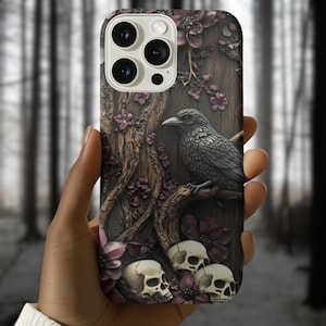 Raven and Skulls Phone Case, Gothic Faux Wood Phone Case, Goth Phone Case, Raven Phone Case, Dark Fantasy Crow Phone Cover, Tough Phone Case