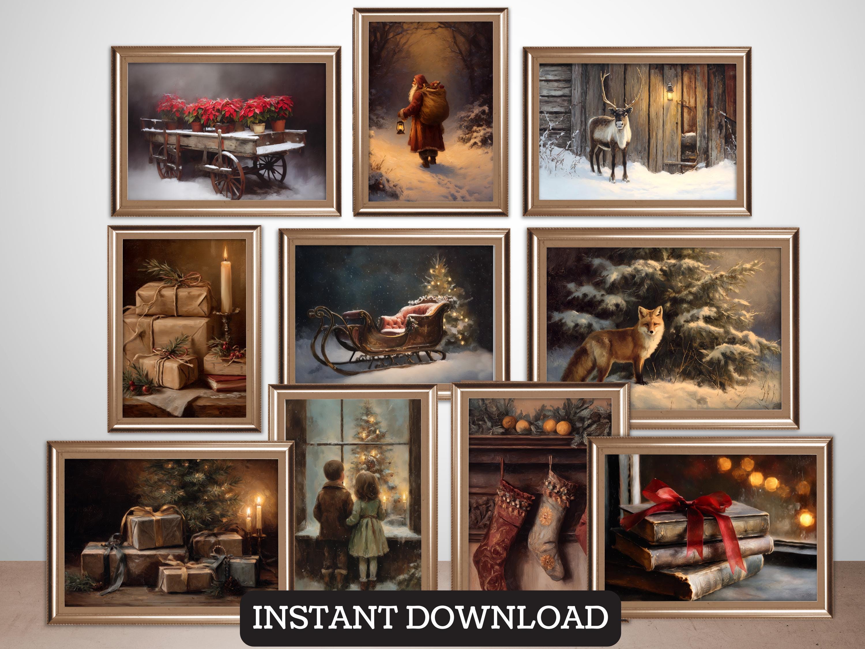 Rustic Vintage Christmas Wall Art Set of 10, Printable Moody Winter