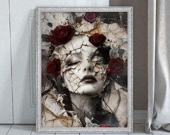 Ritratto astratto di donna gotica, delicata bellezza, stampa artistica da parete, romantico dipinto ad olio con volto screpolato, poster dark academia, decorazione femminile surreale