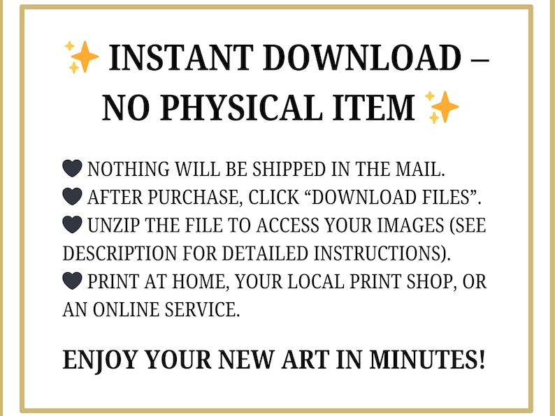 May include: A digital art download announcement with text in black and gold. The text reads "Instant Download - No Physical Item" and provides instructions for accessing the art, emphasizing that nothing will be shipped.