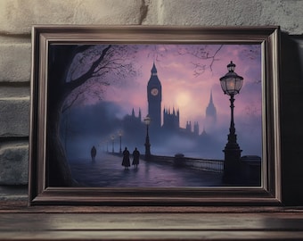 Vintage London Painting, Moody Victorian Wall Art Print, Rustic Oil Painting, Antique City Poster, Dark English Skyline, Gothic Home Decor
