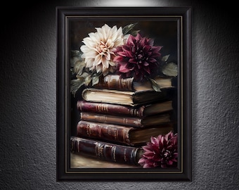 Arte mural floral de estilo Dark Academia, lámina con aires literarios, pintura de libros vintage, póster de rincón de lectura victoriano, arte mural de dalias, regalo para amantes de los libros.