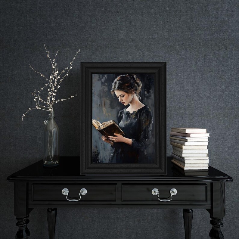 Vintage Woman Reading Wall Art Print, Bookish Moody Victorian Painting ...