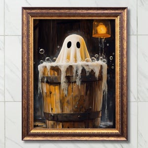 Ghost in Bathtub Art Print, Vintage Halloween Poster for Bathroom, Cute and Spooky Ghost Painting, Victorian Art, Ghost in Bath Print