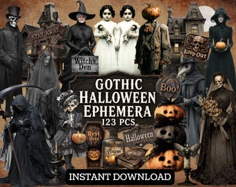 Könnte beinhalten: Eine Sammlung gotischer Halloween-Ephemera mit 123 Teilen, darunter Figuren von Skeletten, Hexen, Zwillingen, einer Person mit Kürbiskopf, einem Pestarzt und einer Braut, sowie Kürbisse und Schilder mit Aufschriften wie Stay Away und Poison.