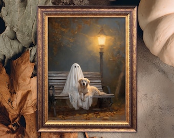 Ghost and Golden Retriever Painting, Cute Halloween Wall Art Print, Ghost Doodle Art, Moody Autumn Dark Academia Poster, Dog Lover Gift
