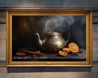 Moody Still Life Kitchen Print, Dark Cottagecore Oil Painting, Vintage Teapot Oranges Cinnamon Art, Rustic Farmhouse Poster, Giclee Print