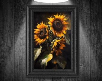 Impression d'art mural Tournesols sombres, affiche de fleurs sombres, peinture florale gothique, décoration vintage cottagecore sombre, art mural nature botanique