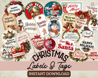 Christmas Labels Tags & Words, Printable Vintage Xmas Ephemera Kit for Cards, Junk Journal, Gift Tags