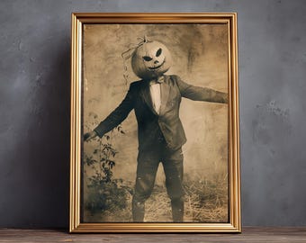 Gruseliges Vintage Halloween Foto, unheimliche viktorianische Mann & Kürbis Kunst, Gothic Fotografie, surreales Okkultes, gruseliges Jack O Lantern Dekor