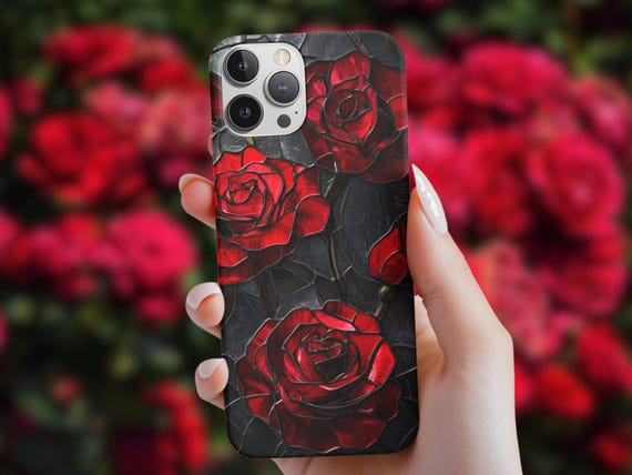 Floral Stained Glass Phone Case, Trendy Dark Red Roses Phone Case, Aesthetic Gothic Flowers Phone Cover, Tough Phone Case