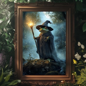 May include: A green frog wearing a purple wizard hat and robe holds a glowing stick in a dark forest setting.
