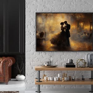 May include: A painting depicting a couple dancing in a ballroom. The man is wearing a black suit and the woman is wearing a long, flowing dress. The painting is set in a dimly lit room with chandeliers and candles.