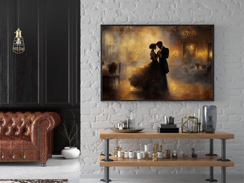 May include: A painting depicting a couple dancing in a ballroom. The man is wearing a black suit and the woman is wearing a long, flowing dress. The painting is set in a dimly lit room with chandeliers and candles.
