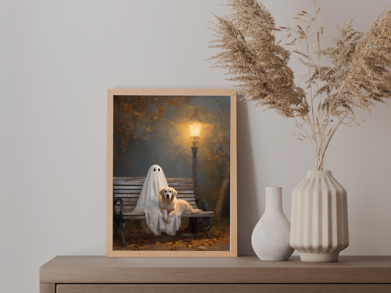 Ghost and Golden Retriever Painting, Cute Halloween Wall Art Print ...