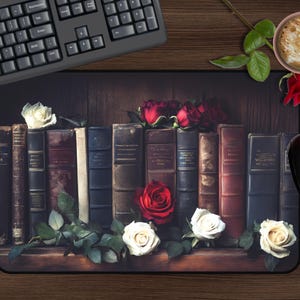 Dark Academia Books and Roses Desk Mat, Bookish Deskmat, XL Vintage Book Nook Mousepad, Floral Playmat Gift, Book Lover Desk Accessories