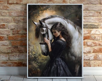 Victorian Woman and Horse Painting, Moody Equestrian Print, Gothic Wall Art, Dark Academia Decor, Girl and Horse Art, Gift for Horse Lover