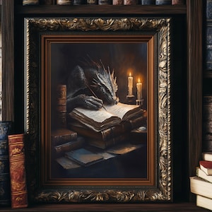 Bookish Dragon Poster, Magical Book Dragon Painting, Vintage Literature Wall Art, Fantasy Gothic Decor, Dark Academia Wall Art, Dragon Gift