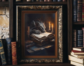 Bookish Dragon Poster, Magical Book Dragon Painting, Vintage Literature Wall Art, Fantasy Gothic Decor, Dark Academia Wall Art, Dragon Gift