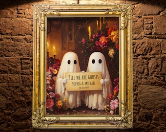 Pintura personalizada de casal de fantasmas, presente de casamento gótico personalizado, pôster para recém-noivos, pôster assustador para aniversário ou noivado, arte de Halloween