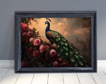 Peacock Wall Art Print, Moody Bird & Roses schilderij, vintage Dark Cottagecore schilderij, horizontale rustieke boerderij poster dierlijke muur decor