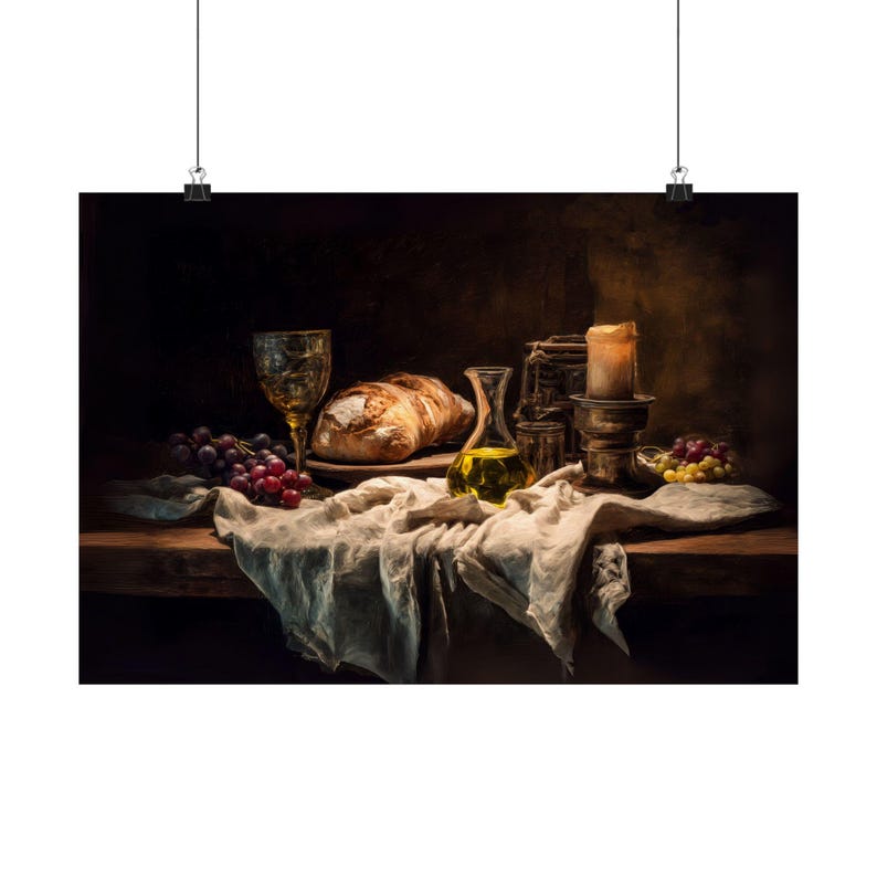 Last Supper Still Life Painting, Religious Bread Wine, Catholic Oil Painting, Vintage Food Poster, Rustic Kitchen Wall Art, Christian Gift image 7