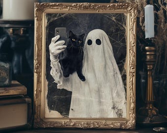 Vintage Ghost and Black Cat Painting, Funny Retro Selfie, Rustic Dark Academia Wall Art Print, Gothic Halloween Poster, Ghostly Decor