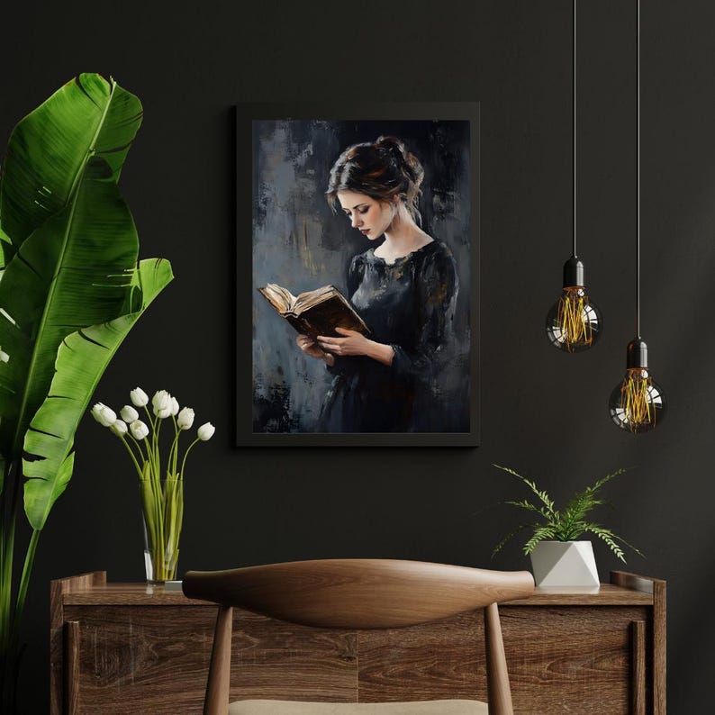 Vintage Woman Reading Wall Art Print, Bookish Moody Victorian Painting ...