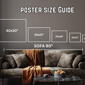 May include: A poster size guide with dimensions in inches is displayed above a sofa. The guide shows sizes: 40x30", 34x22", 24x16", 16x12", and 11x9". The sofa is 90" long.