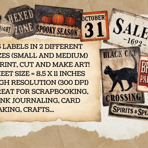 May include: A collection of vintage-style Halloween-themed labels and signs. Includes signs that say "Eternal Night", "Hexed Zone", "Spooky Season", "October 31", "Salem", "Black Cat Crossing", "Broom Parking", and "Spirits & Spells". The sheet size is 8.5 x 11 inches.