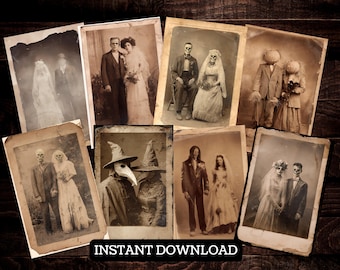 Spooky Wedding Photos, Vintage Creepy Halloween Printable Set, Antique Ephemera for Junk Journal Scrapbooking ATC Postcards