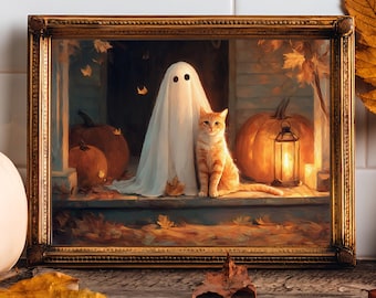 Quadro con gatto soriano fantasma e arancione, simpatico poster di Halloween, dipinto ad olio autunnale vintage, stampa di zucca, decorazione dark academia, regalo per amanti dei gatti
