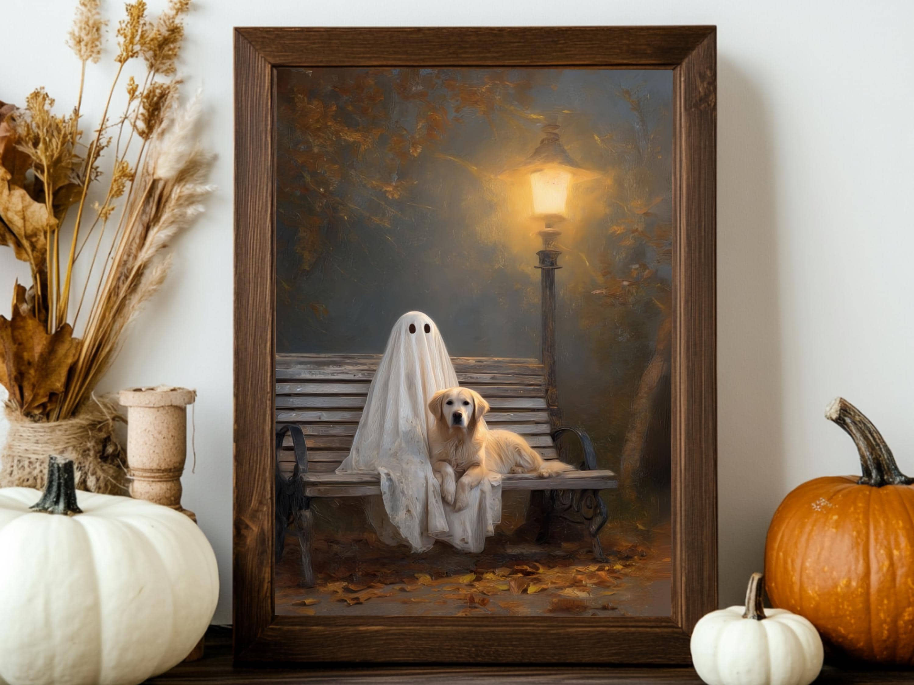 Ghost and Golden Retriever Painting, Cute Halloween Wall Art Print ...