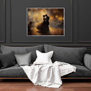 May include: A painting depicting a couple dancing in a ballroom. The man is wearing a black suit and the woman is wearing a long, flowing gown. The ballroom is dimly lit and there are other people in the background.