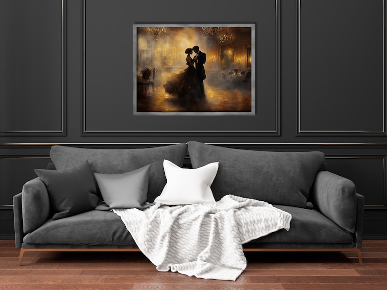 May include: A painting depicting a couple dancing in a ballroom. The man is wearing a black suit and the woman is wearing a long, flowing gown. The ballroom is dimly lit and there are other people in the background.