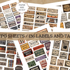 May include: A collection of vintage-style Halloween labels and tags. The image shows various rectangular and square labels with spooky phrases like "Haunted," "Boo," and "Witch's Brew." The text "6 JPG Sheets / 136 Labels and Tags" is also visible.