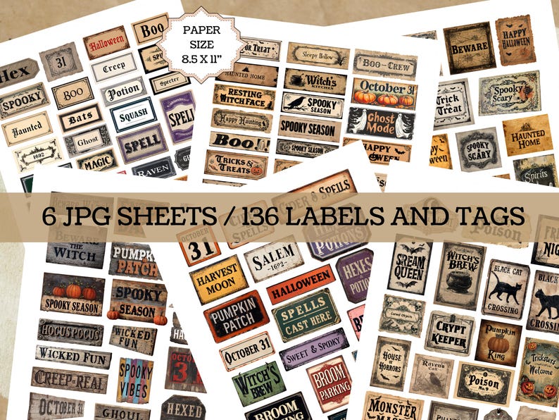 May include: A collection of vintage-style Halloween labels and tags. The image shows various rectangular and square labels with spooky phrases like "Haunted," "Boo," and "Witch's Brew." The text "6 JPG Sheets / 136 Labels and Tags" is also visible.