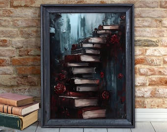 Books and Roses Painting, Vintage Dark Academia Wall Art Print, Moody Bookish Poster, Abstract Book Art, Gothic Home Decor, Library Gift