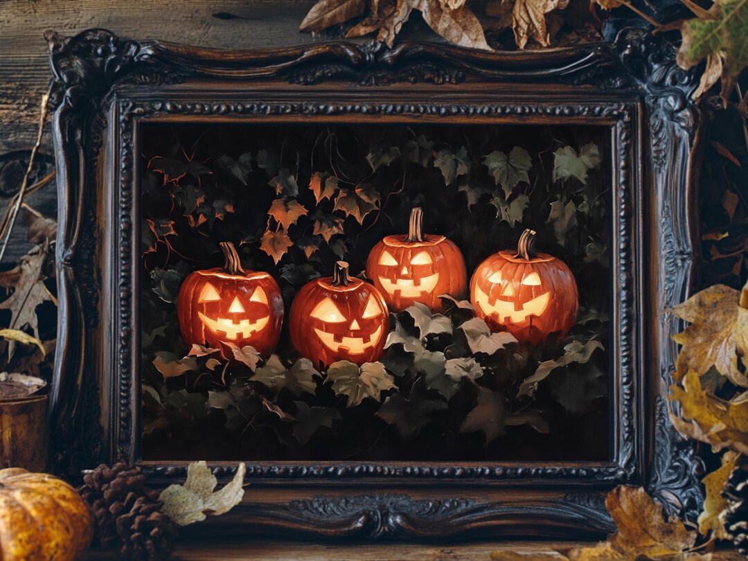 Halloween Pumpkins Painting, Moody Jack O Lantern Wall Art Print, Dark ...
