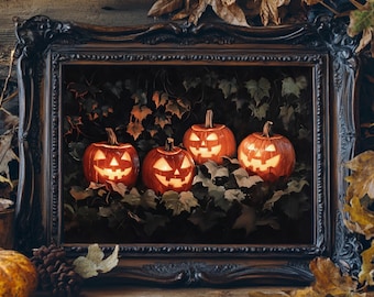 Halloween Pumpkins Painting, Moody Jack O Lantern Wall Art Print, Dark Vintage Spooky Season Poster, Spooky Fall Artwork Gothic Horror Decor