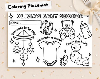 Personalized Paper Placemats,  Baby Shower Kids Coloring Activity, Activity Worksheet Drawing For Kids, Table Decor, Baby Shower Games
