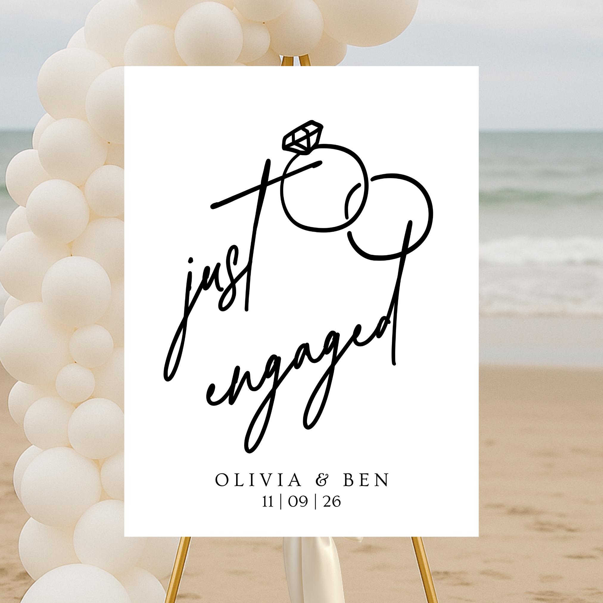 Engaged Sign On String Just Engaged Wedding Sign, Personalized Modern Script Foam Board or ...