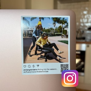 May include: A sticker showing a photograph of two people, one in an office chair being pushed by the other. The sticker includes the text "Rolling into the weekend..." and hashtags. An Instagram logo is visible.