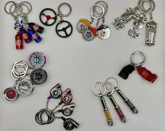 Llaveros Miniatura de Piezas de Coche – Turbo, NOS, Llanta de Aleación / Accesorios para Coche JDM / Llavero Drift / Regalo de Carreras y Navidad para Él