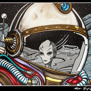 Op de afbeelding: Een zwart-witte illustratie van een astronaut die uit zijn helm kijkt naar een buitenaards wezen op een maanachtig landschap. De helm van de astronaut is versierd met een gouden rand en een blauwe vizier. Het buitenaardse wezen is grijs met grote ogen en een puntige kop. De achtergrond is een donkere sterrenhemel.