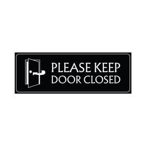 May include: A rectangular black sign with white text that reads "PLEASE KEEP DOOR CLOSED." A graphic of a door with an open door and handle is on the left side of the sign. The sign has a white border.