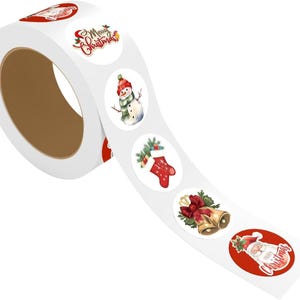 May include: A roll of white, oval Christmas stickers with various festive designs. The stickers feature images of a snowman, Santa Claus, bells, and stockings. Some stickers have the words "Merry Christmas".