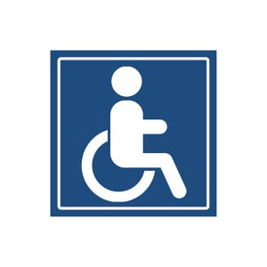 May include: A blue and white wheelchair symbol on a square sign. The sign features a white graphic of a person in a wheelchair against a blue background, with a white border.