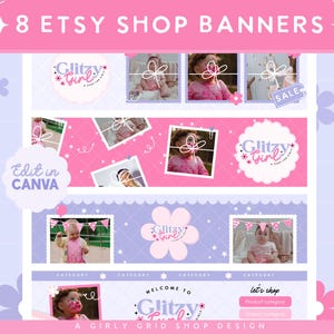 Glitzy Girl Editable in Canva Etsy Shop Banner Templates-8 Cute pink girly editable DIY Etsy branding banner designs-Small Business Branding